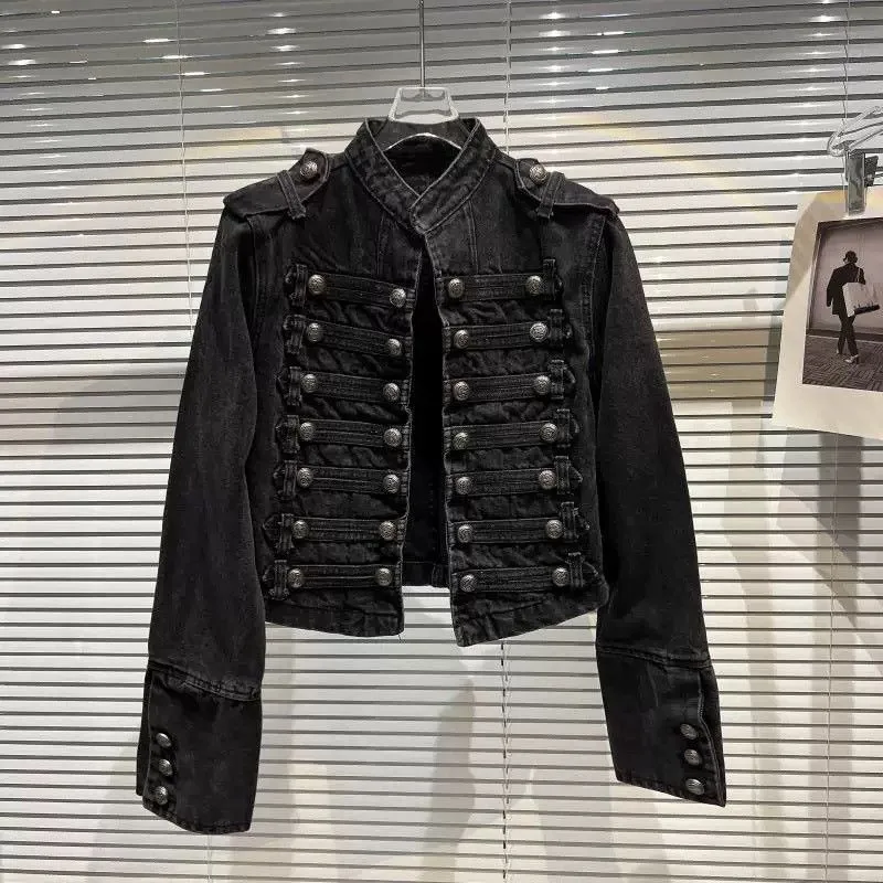 Women Vintage Military Style Denim Jacket Stand Collar Double Breasted Decor Button Cropped Jean Coat Long Sleeve Slim Fit Ladie - view 6