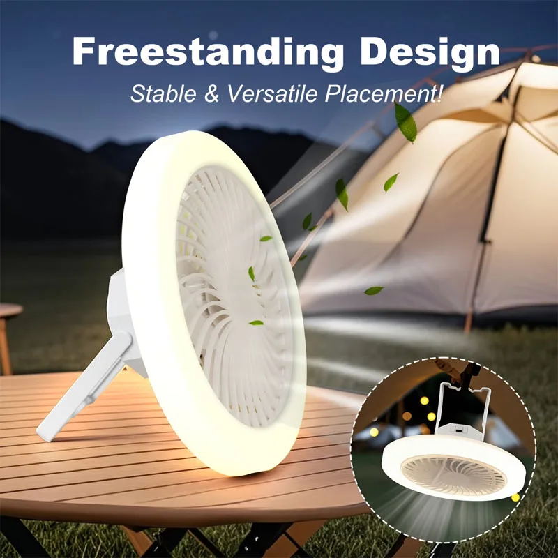 3 Colors Fan Light Portable Ceiling Fan Light USB Charging Desktop Standing Hooked Fan Portable Tent Fan for Outdoor Camping