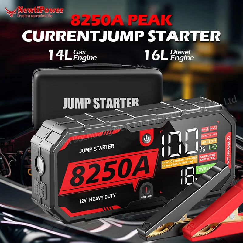 NewtiPower Starter Jump baterai mobil 8250A 12V Pro portabel, mobil baterai 32000mAh 16L untuk perangkat Starter Booster mobil darurat