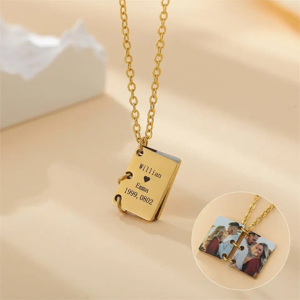 Engraved Name Picture Necklace Customized Text Calendar Necklace Engraved Multi Photo Couple Necklace Valentine's Day Gift