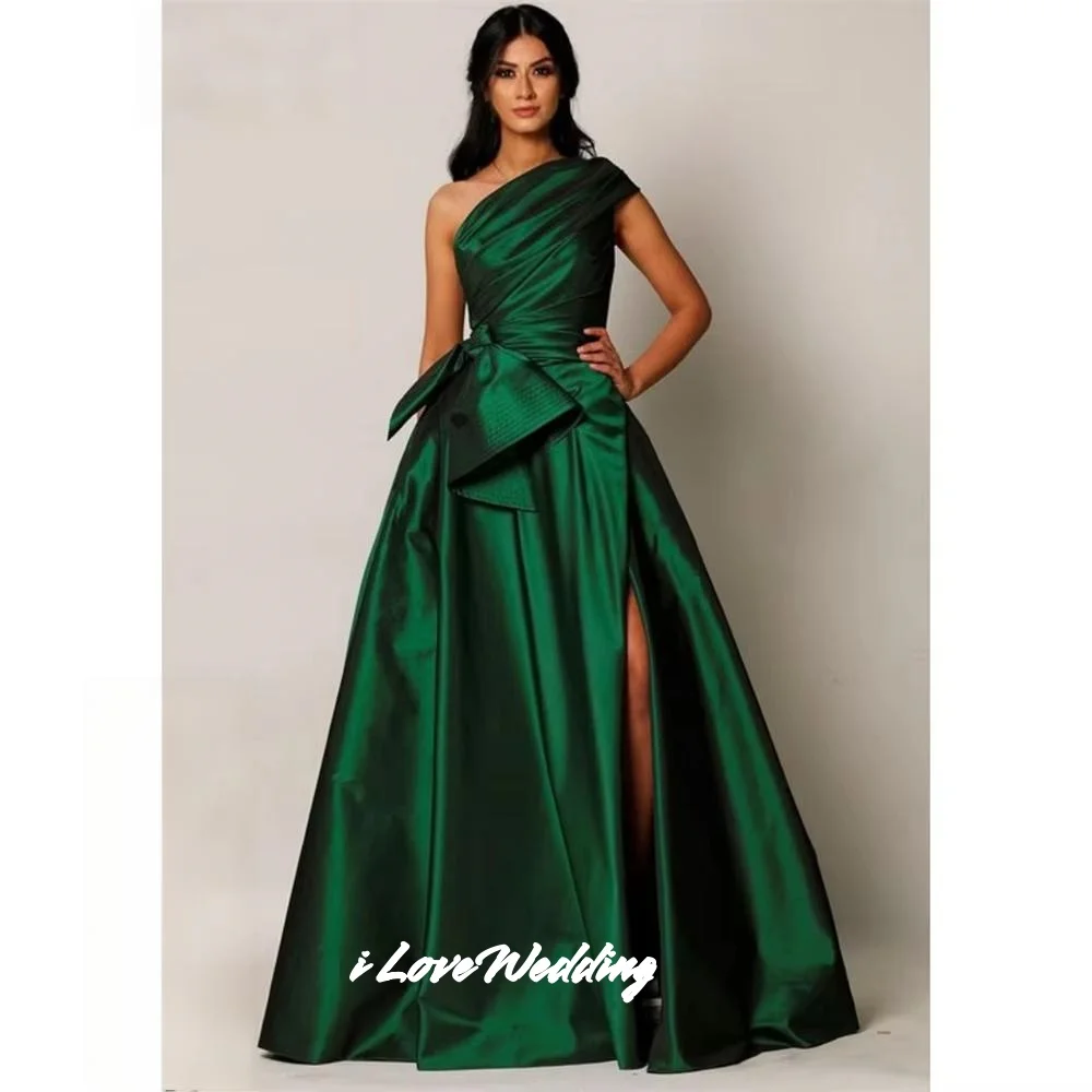 

Green One Shoulder Prom Dress 2025 Satin Sleeveless A-Line Split Bow Pleated Floor-Length Pleated Wedding Party Dress Customized