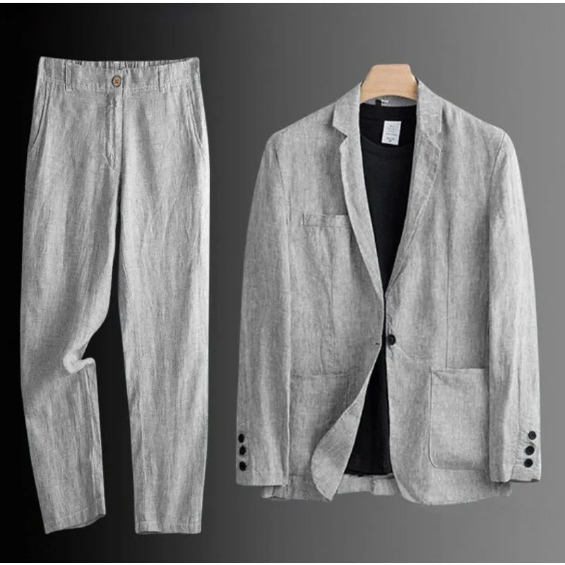 KIDWHXR Summer Men Suit Single-breasted Pocket Blazer Male Elastic Waist Pant Man Thin Cotton Linen Breathable 2-piece Outfit