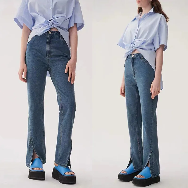 

Jeans For Women 2024 Spring/Summer Blue Denim High-Waisted Straight-Leg Split-Hem Casual Comfortable Modern Fashion Trendy Style