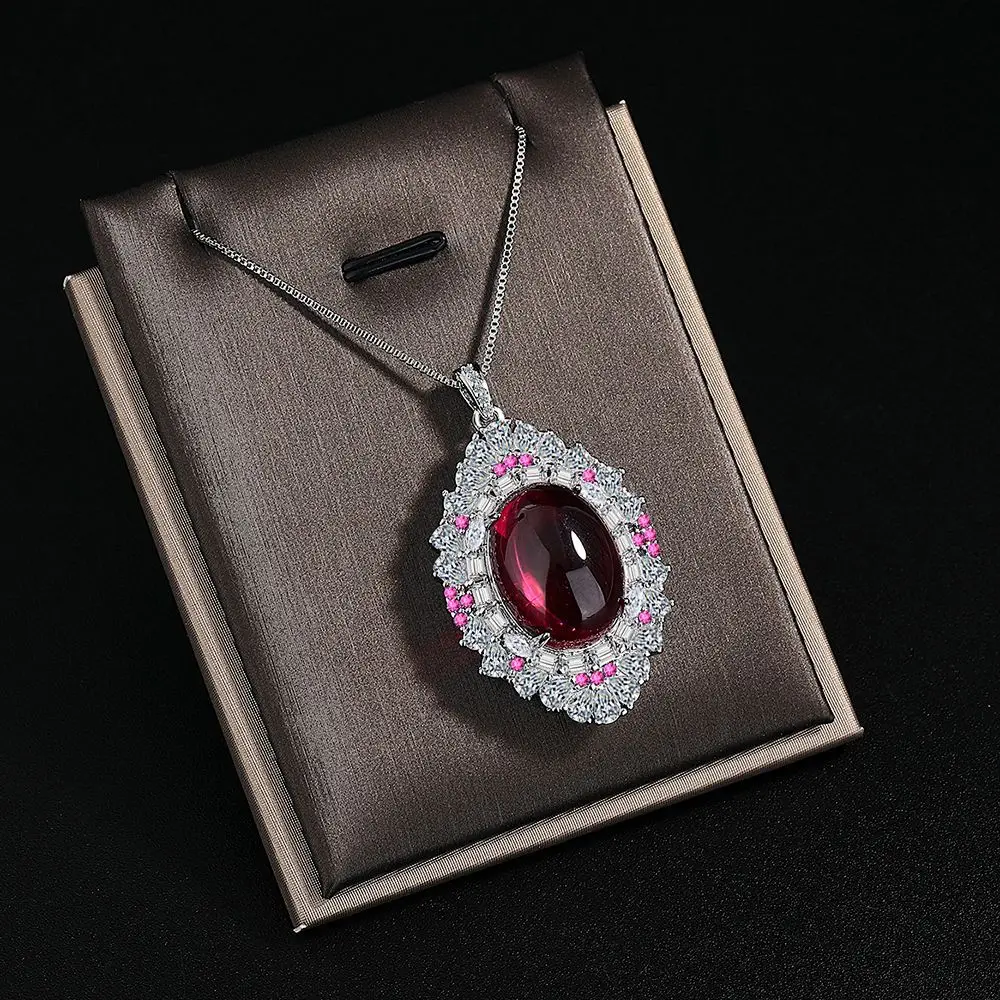 

925 Sterling Silver Retro Light Luxury Egg-shaped Hollow Red Zircon Necklace Birthday Party Anniversary Wedding Gift