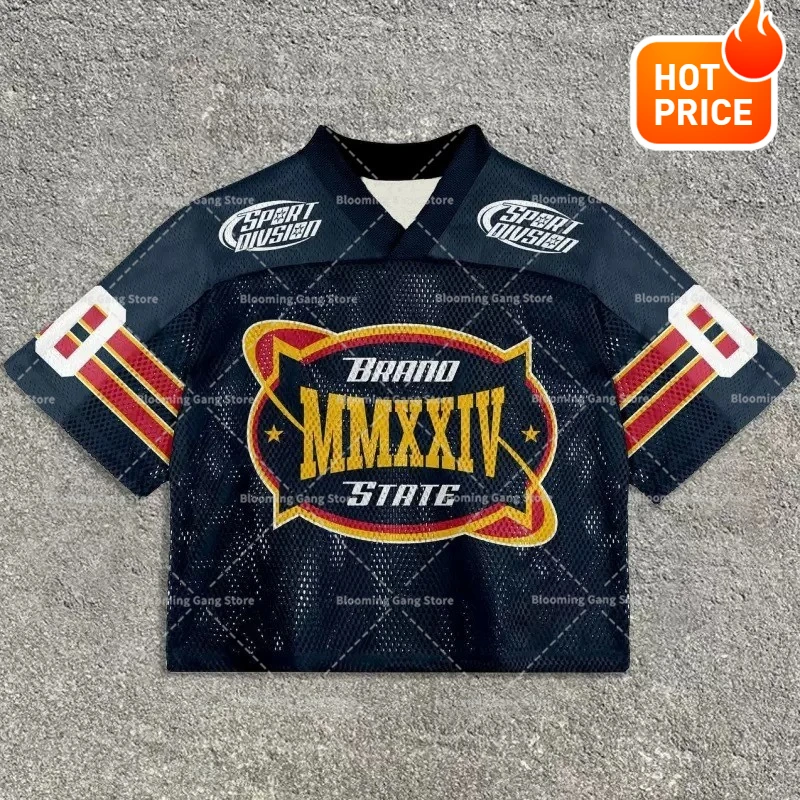 

Y2K V-neck Loose Football Jersey T Shirt Unisex American Streetwear Style Spliced Short Sleeve Breathable Summer Fashion Top