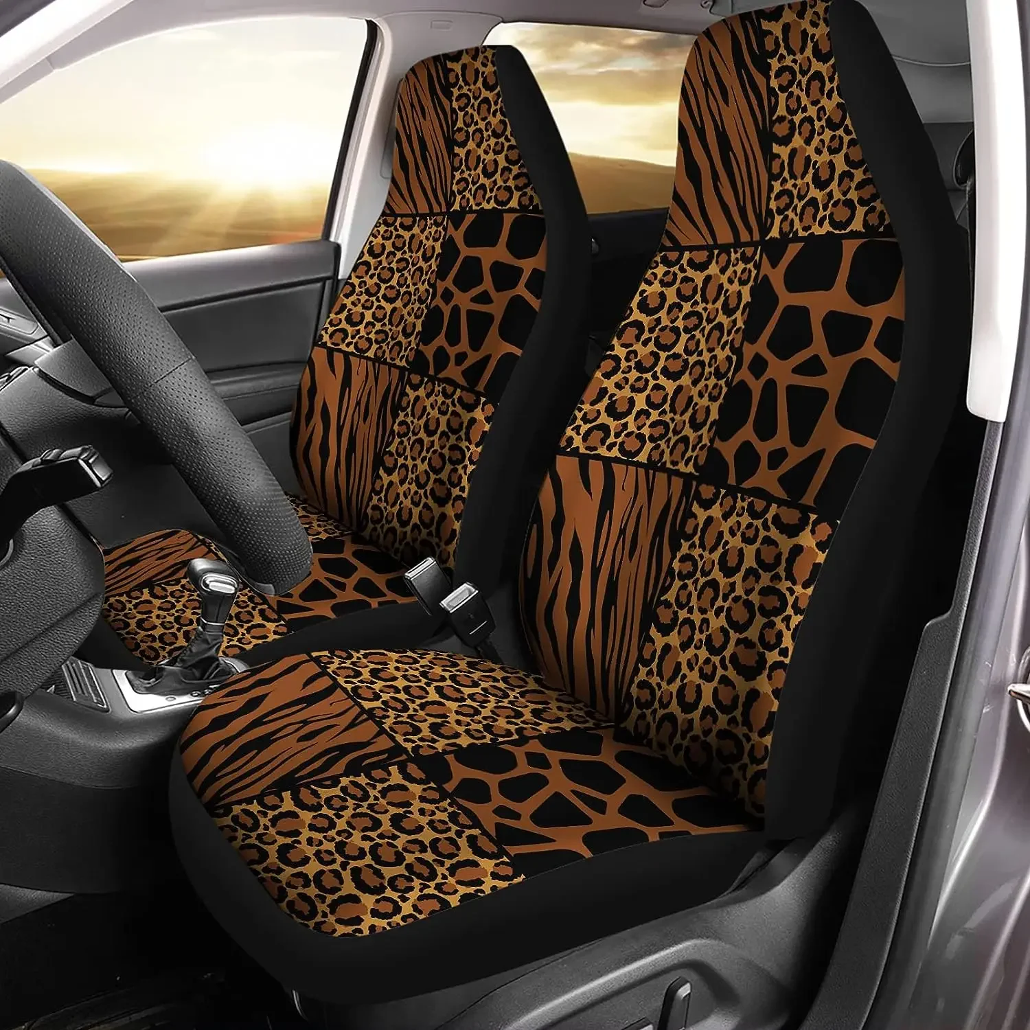 Brown Leopard Print Car Seat Covers Set of 2 Front Bucket Seats Protector Auto Accessories Decor Universal Fit for Car Truck