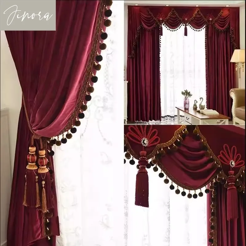 European Style Luxury Wine Red Velvet Curtains For Living Room Bedroom Window Valance Embroidered Screen Curtains Customize