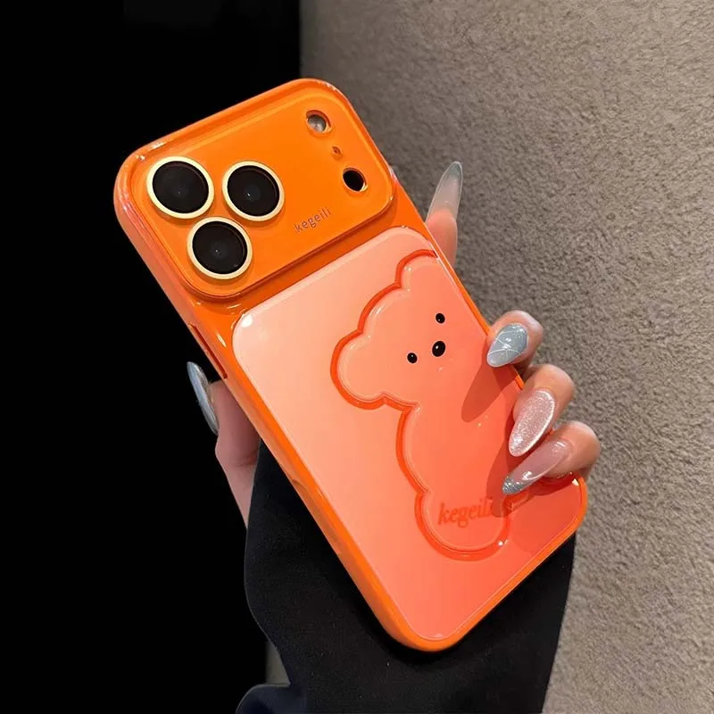 Cute Creative 3D Bear Gradient Phone Case Full Camera Lens Protector Shockproof Glossy Cover for IPhone17 16 15 14 13 Pro Max