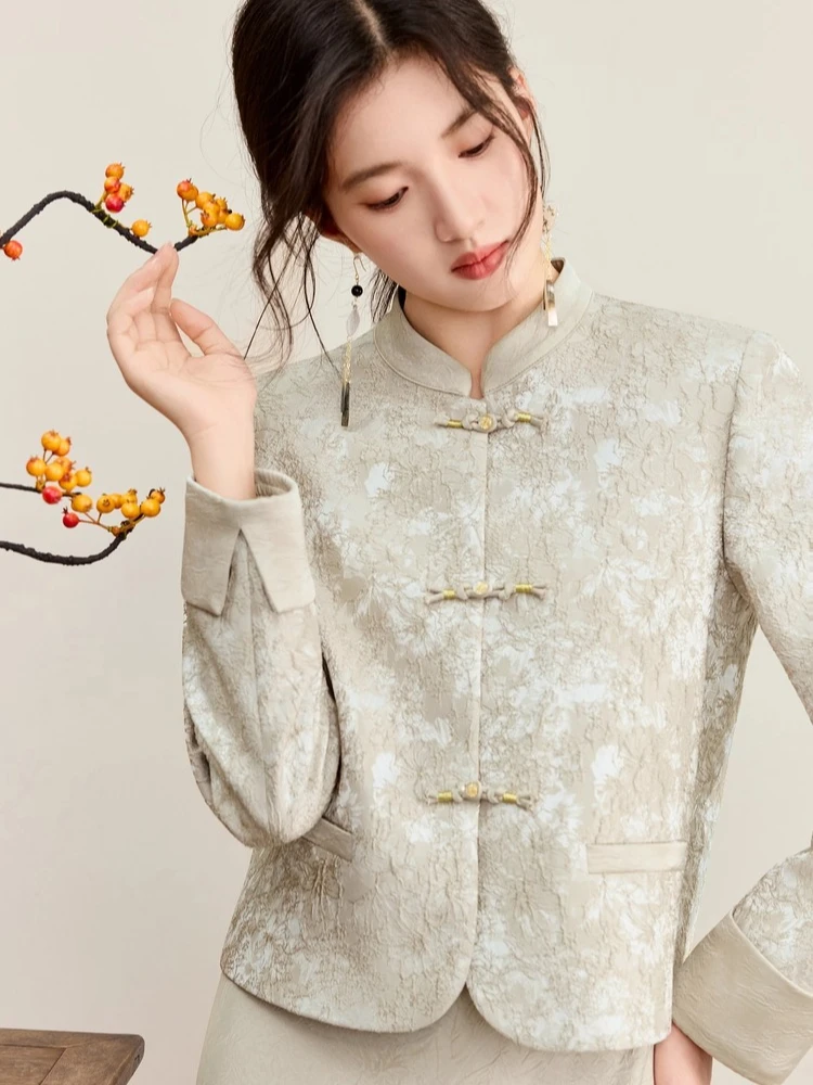 

SENTUBILA Women's Dress Sets Chinese Style Turn-down Collar Coat Beaded Frogs Embossed Jacquard Jacket Slip Dress Set 153ZB2636