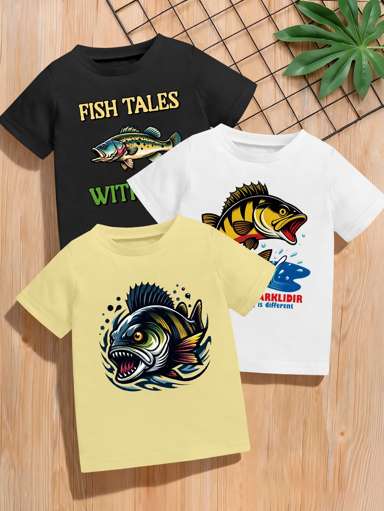 

3 предмета: летняя повседневная футболка для мальчиков с принтом «Рыбные истории» и изображением окуня с большим ртом.