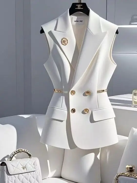 

Осень 2023, женский тройной костюм, жилет, повседневный, универсальный, для похудения, высококачественный, с двойными пуговицами, чистый цвет