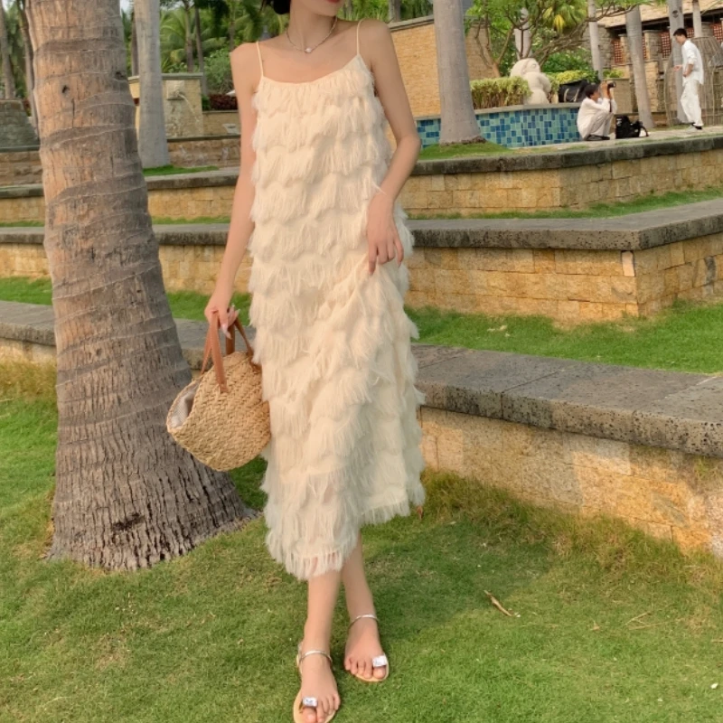 Bohemian Tank Dress Women's Loose-Fit French Riviera Vacation Beach Elegant Long Dress Summer 2024 New Style