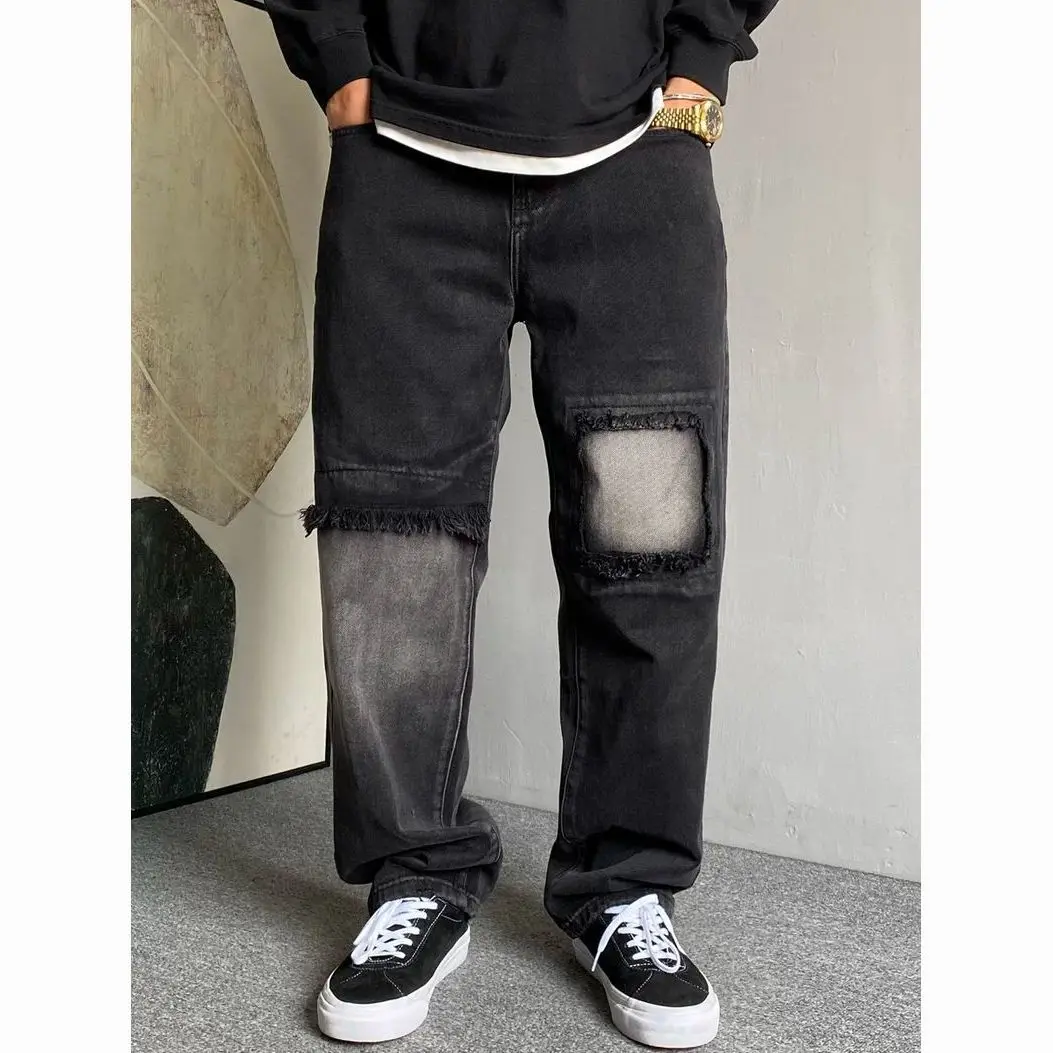 Men's Block Patch Edge Stitching Vintage Pants Streetwear Young Boy Bottoms New Trendy Male Retro Wide Leg Jeans Loose Jeans