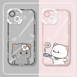 Cute Cartoon Cat Couple Lovers Transparent Phone Case For iPhone 16 15 14 13 12 11 Pro Max Mini SE 14 Plus Soft Cover Skin Shell