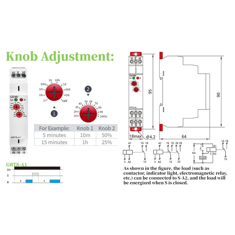 GEYA Delay Timer Switch AC/DC 12V-240V Mini Power On Delay Time Relay DIN Rail Type GRT8-A1