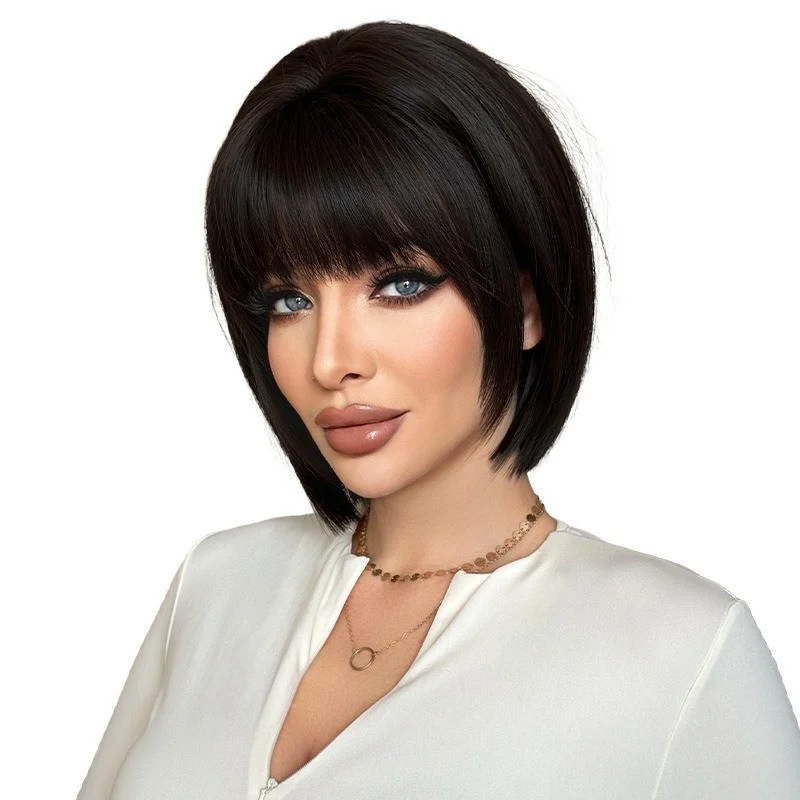 Black short hair  with full head cover and pompadour hairstyle