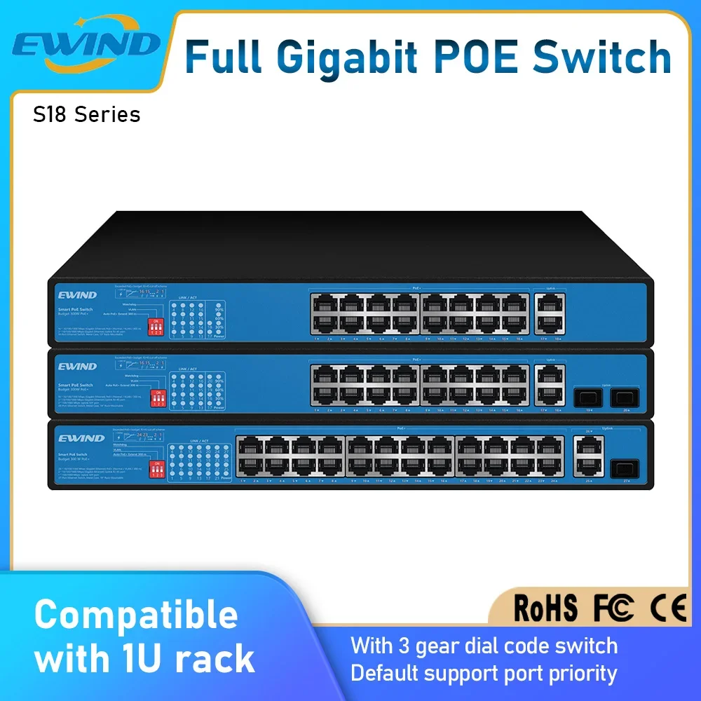 

EWIND Full Gigabit POE Switch 10/100/1000M Ethernet Switch 300W Built-in Power Supply for IP Camera/Wireless AP AI Smart Switch