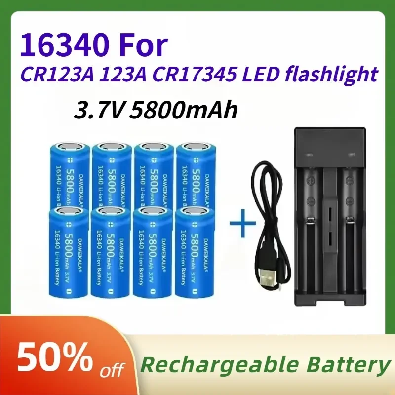 3.7V 5800mAh 16340 Rechargeable Lithium Ions Battery with Wall Charger Is Suitable for CR123A 123A CR17345 LED Flashlight