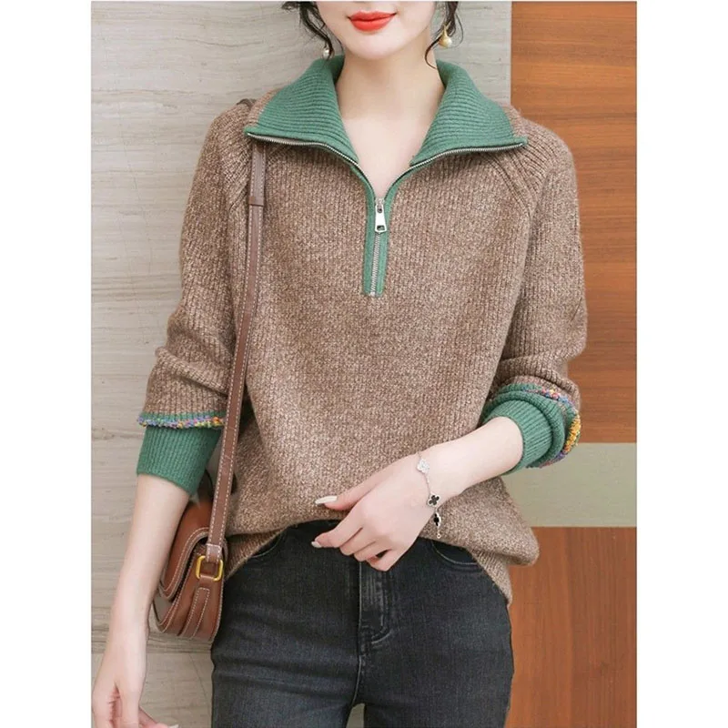 韓国風プルオーバージャケット レディース 2025年秋冬新作 ラペルジッパーセーターコート フェイクツーピースニットトップス インナーシャツ