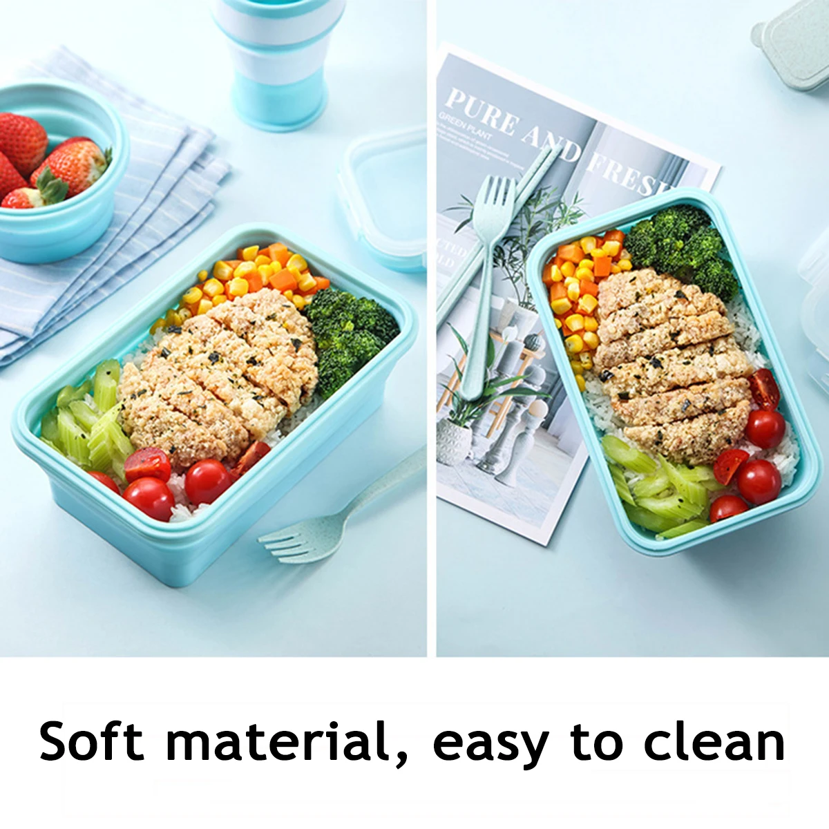 Collapsible Silicone Food Storage Container With Airtight Lid Microwave Freezer Safe Portable Rectangular Lunch Box view 5