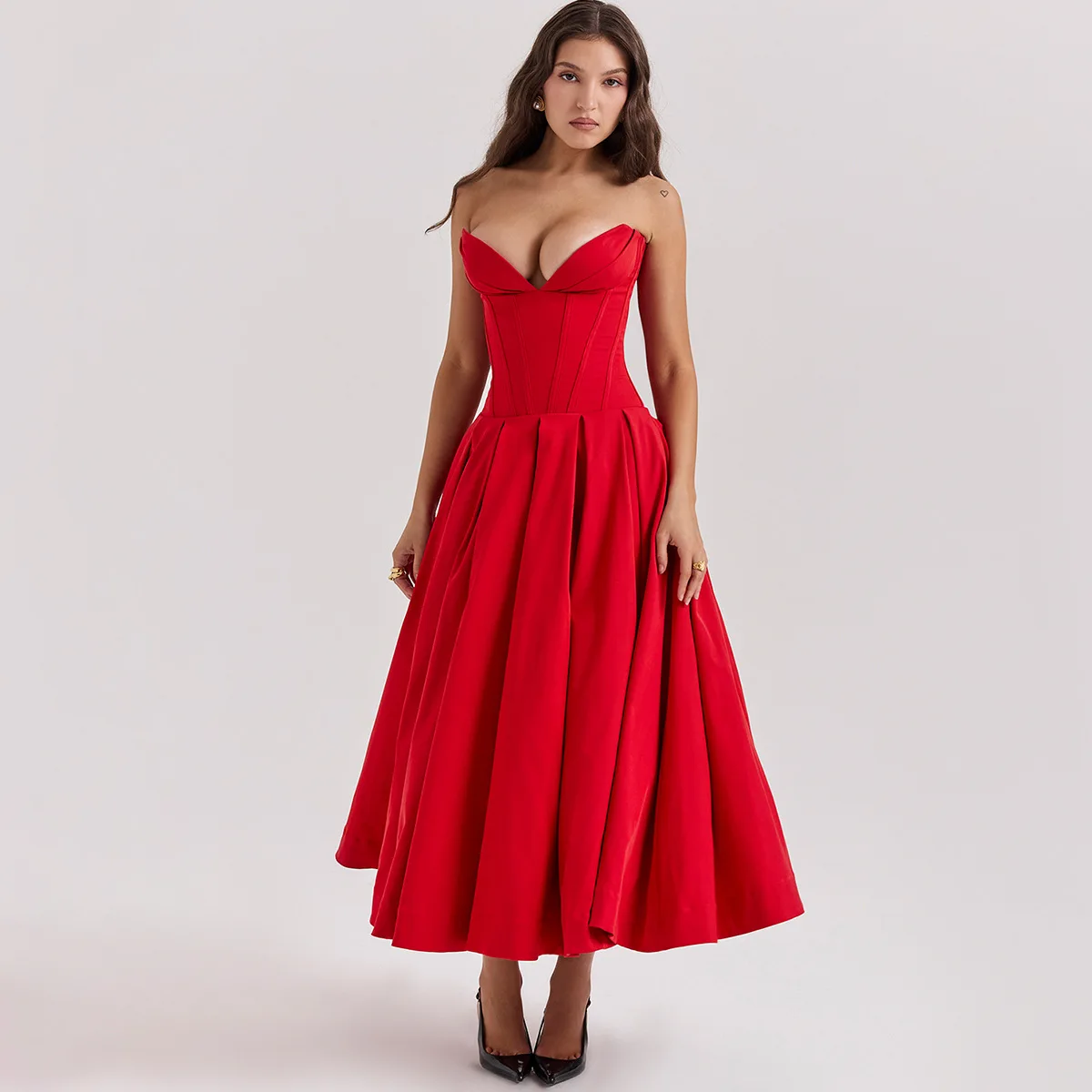 Mingmingxi Elegant Strapless Formal Occasion Dress Summer Midi Birthday Party Dresses Red Wedding Guess Dress Women's Clothing