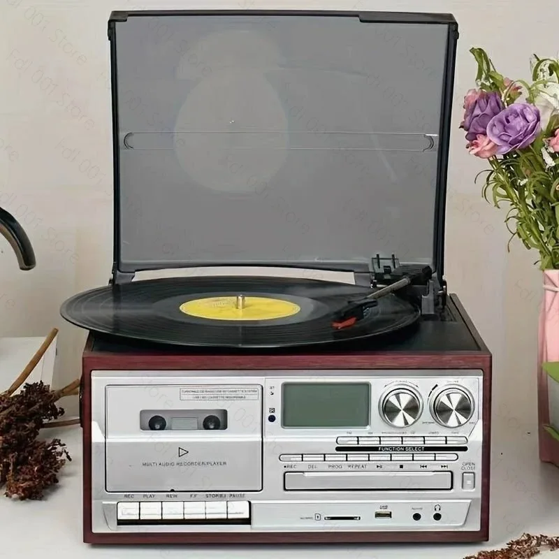 Vintage Record Player 9-in-1 Bluetooth Turntable with CD Cassette Vinyl AM/FM Radio USB SD Playback Aux-in RCA Line-Out