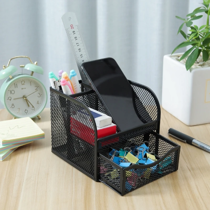 Multifunctional Office Desk Organisers Pen Holder with 3 Compartments and Sliding Drawer for Pen, Staplers, Notes Paper, Marker