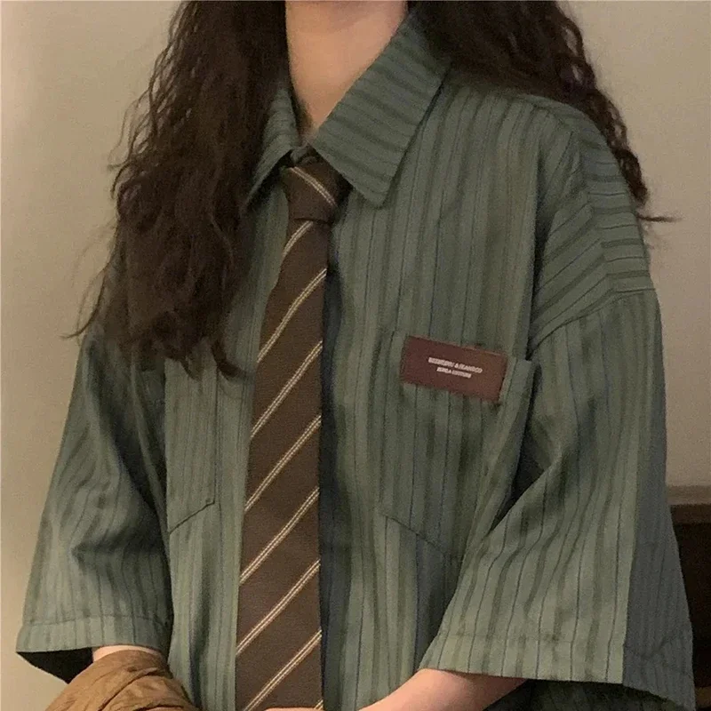 Vintage Striped Women with Tie Blouses Harajuku Oversized Loose Preppy Tops Japanese Summer Fashion Long Sleeve Shirts New