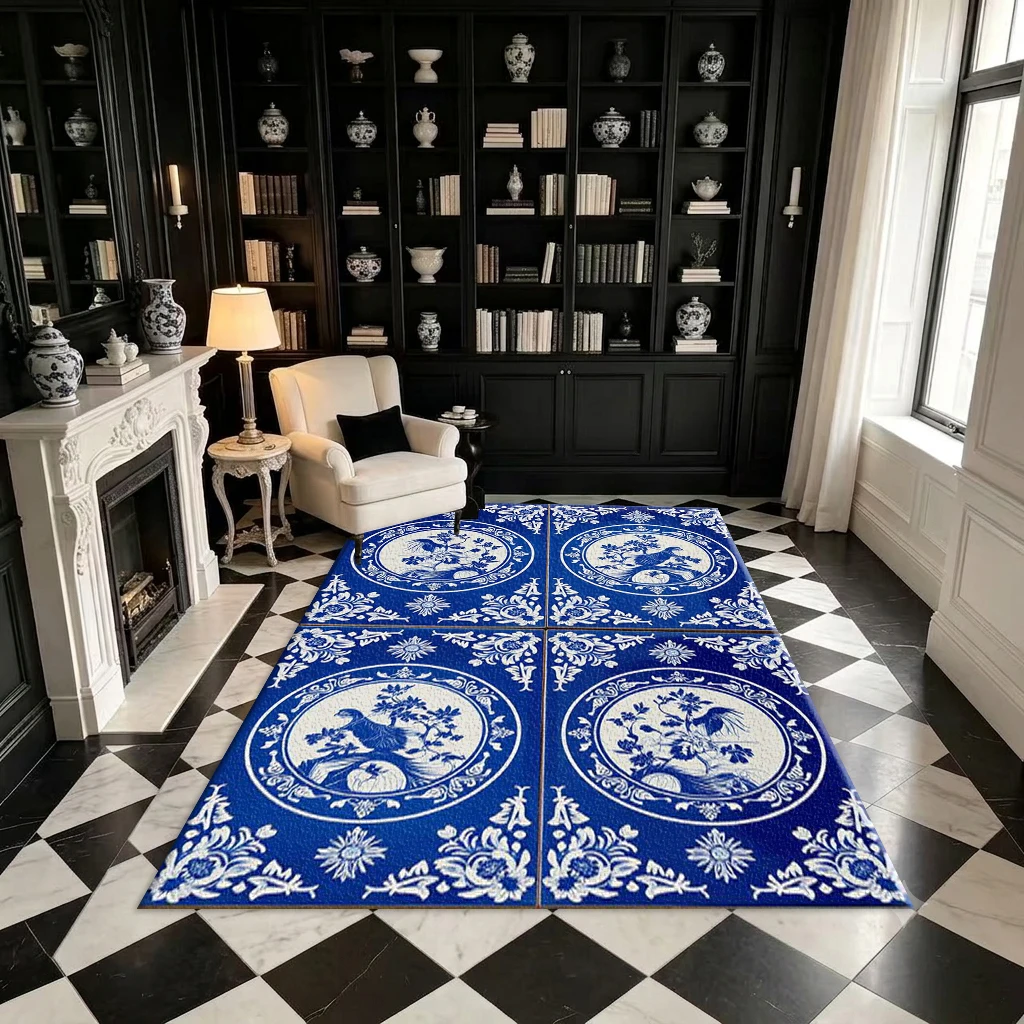 Blue and White Porcelain Art Print Carpet, Classic Oriental Pattern Carpet, Suitable for Home Decoration
