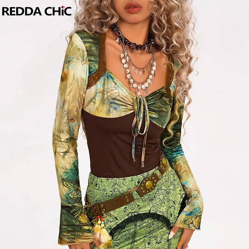 REDDACHiC Renaissance Square Neck Women Top Stitch Lace Ruched Corset Lettuce Trim Flared Long Sleeve T-shirt Vintage Streetwear