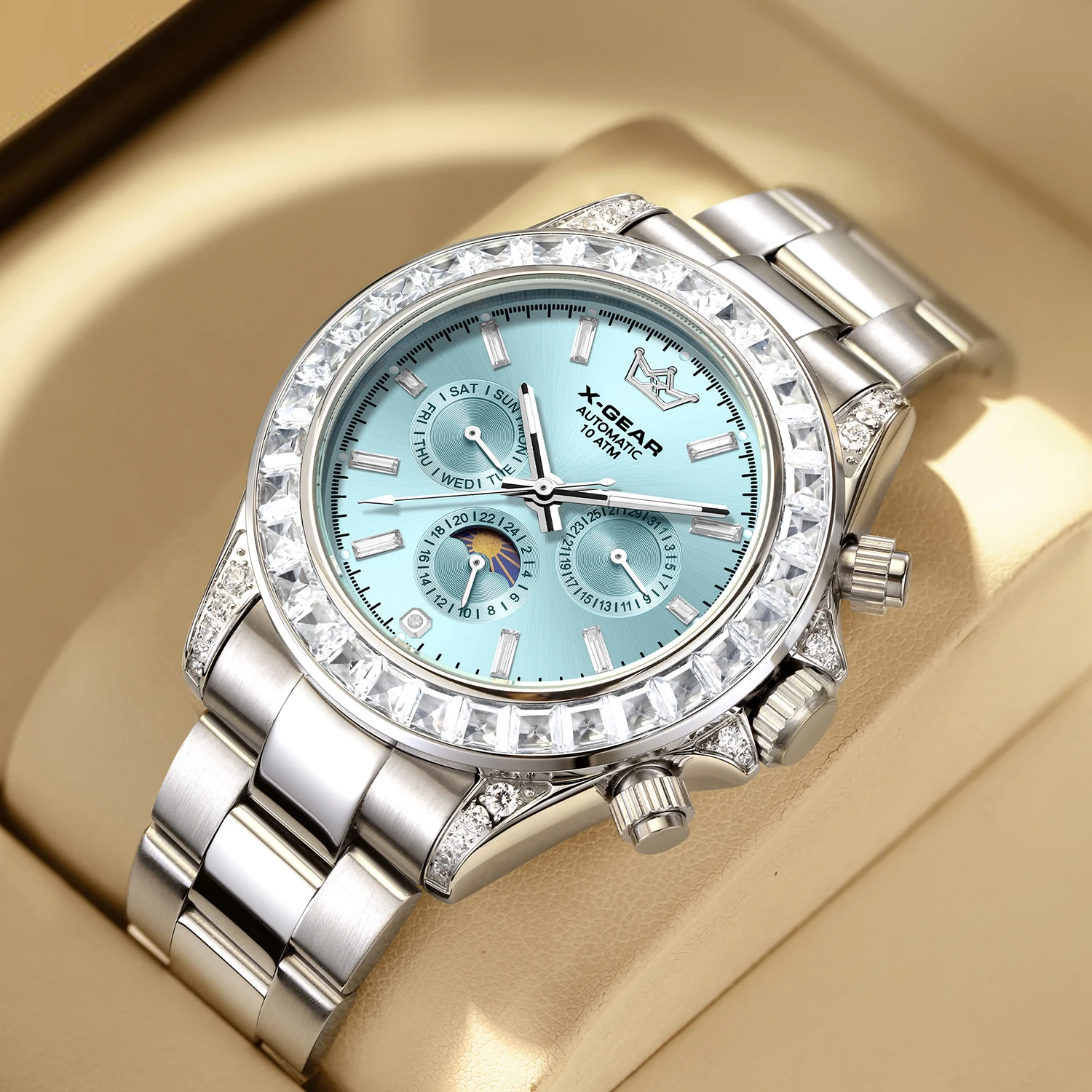 

Men's Automatic Mechanical Watch Luxury Full Diamond Encrusted Stainless Steel Wristwatch Waterproof Luminous Calendar Gift