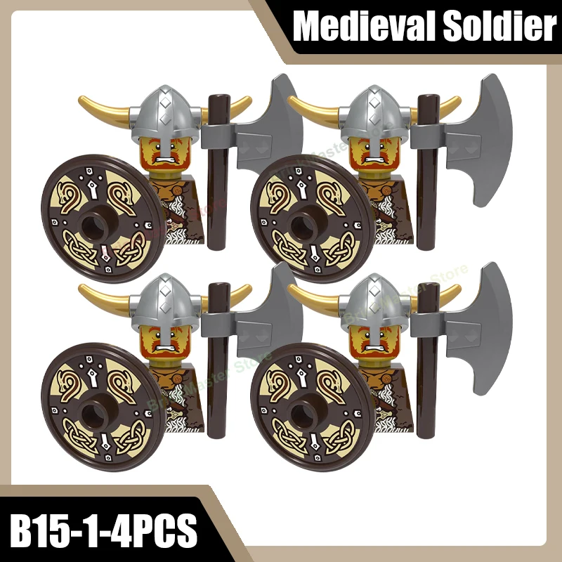 Mittelalterliche Militär-Wikinger-Krieger-Soldaten-Figuren Bausteine Burg Armee Rauber Infanterie Schild Axt Schwert Helm Ziegel Spielzeug