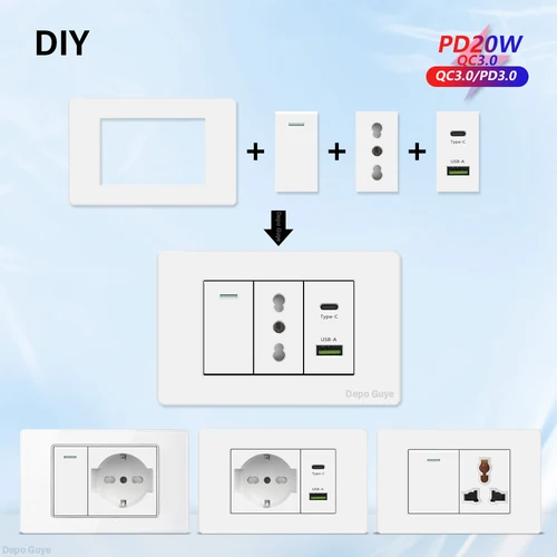 Toma de pared italiana, Panel de plástico/vidrio templado, puerto de carga USB tipo C blanco, TV, satélite, Rj45, TEL, interruptor en blanco, combinación DIY