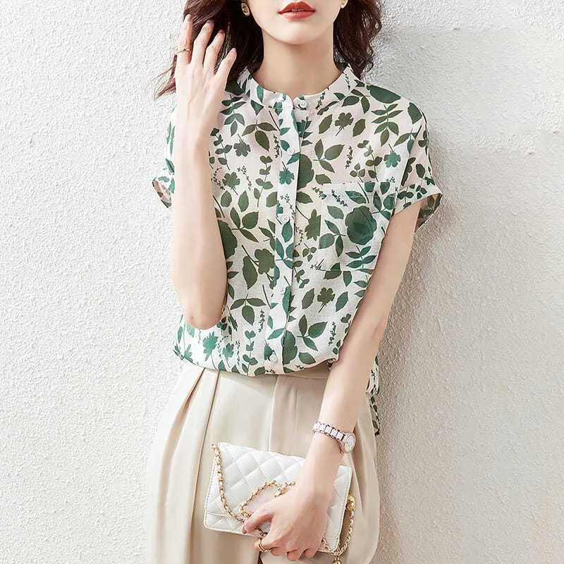 Women Summer Style Blouses Tops Lady Casual Short Sleeve Stand Collar Flower Printed Blusas Tops SP1498