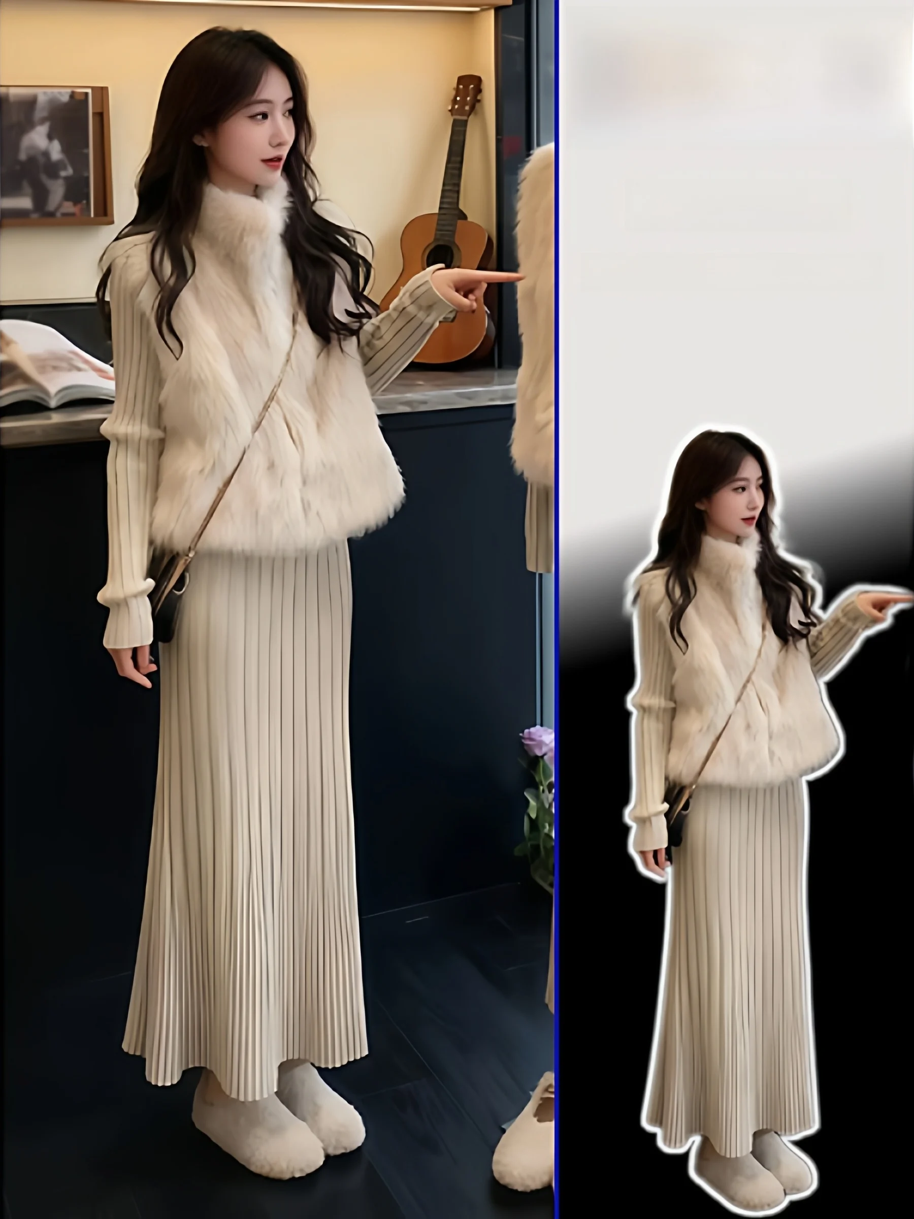 

Chic Knitted Furry Vest Jaet And Pleated Skirt Two Piece Set for Women plus Size Autumn Winter Warm Casual Faion