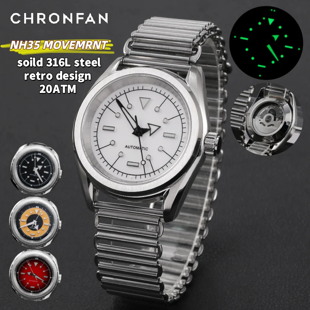 CHRONFAN 38mm Retro 316L Steel Men's Automatic Watch NH35 Movement 200M Waterproof Sapphire Crystal Luminous Dive Wristwatch