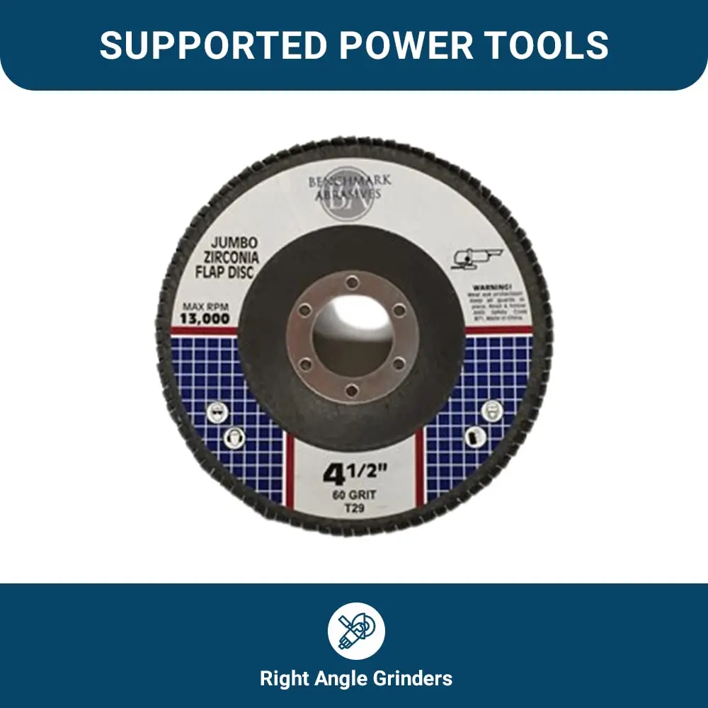 Benchmark  4.5" x 7/8" High Density Jumbo Zirconia Type 29 Flap Discs 4 1/2 for Angle Grinder, Sanding Discs, Finishing, Deburri