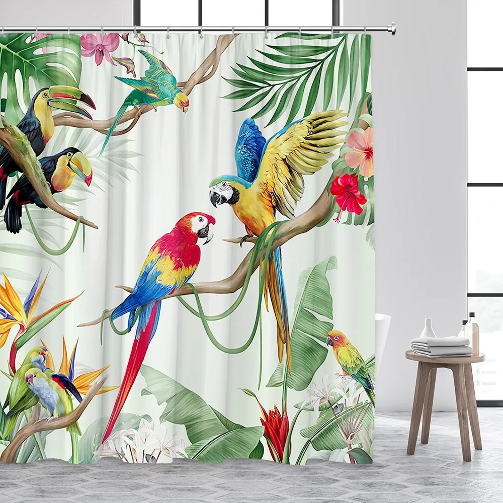 Funny Parrot Shower Curtain Tropical Plants Palm Leaves Monstera Watercolour Floral Bath Curtains Fabric Home Bathroom Decor Set