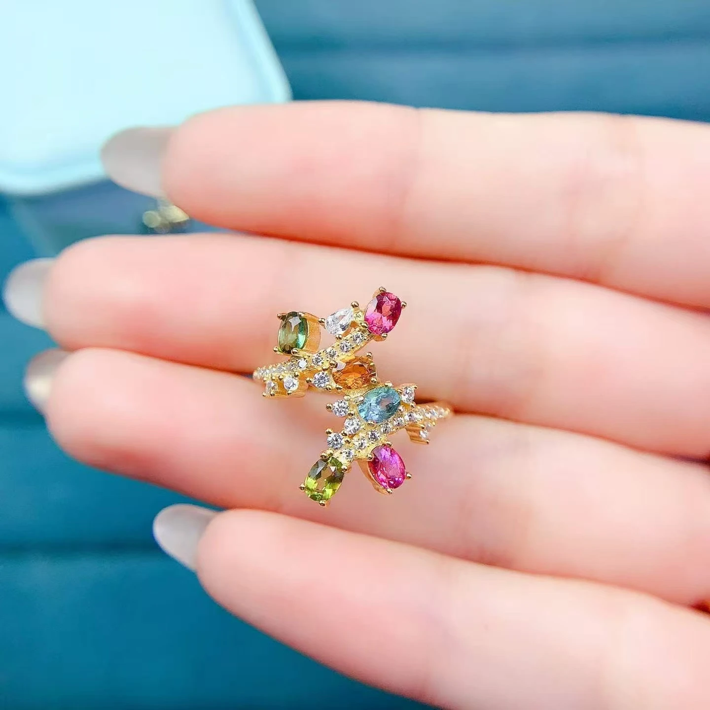Multicolor Natural Tourmaline Ring with Certificate  3mm*4mm Tourmaline Jewelry October Birthstone Ring for Women