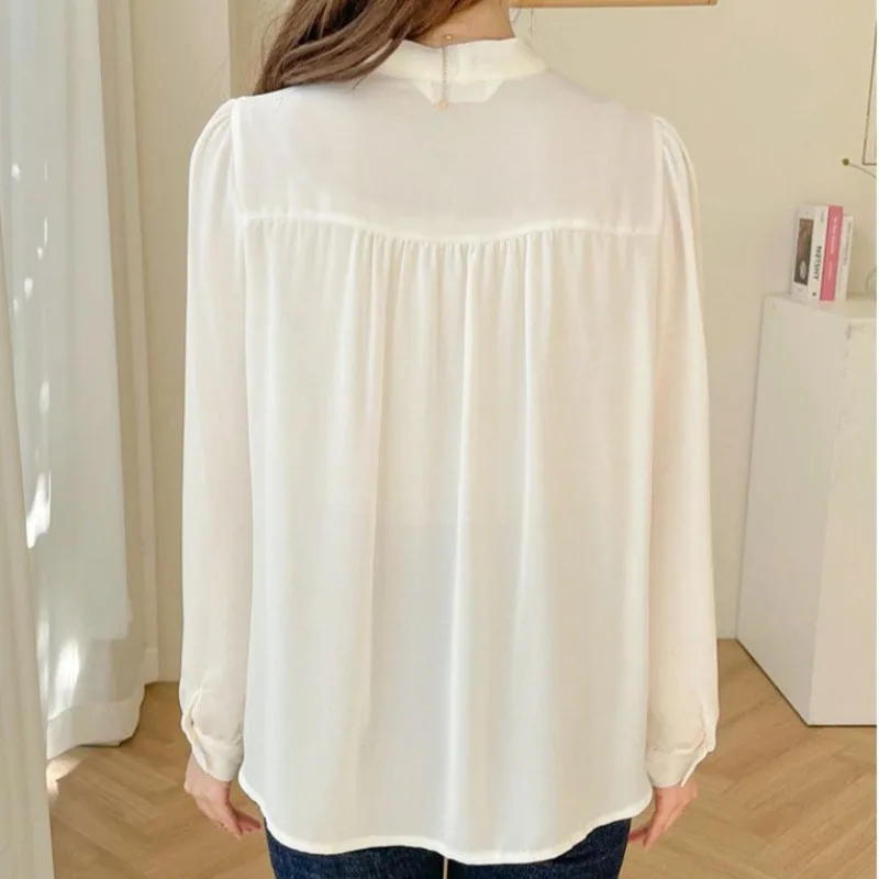 White Chiffon Shirts Women Long Sleeve Lace Patchwork Bow Fungus Thin Skin-friendly Elegant Temperament Ulzzang Solid Leisure