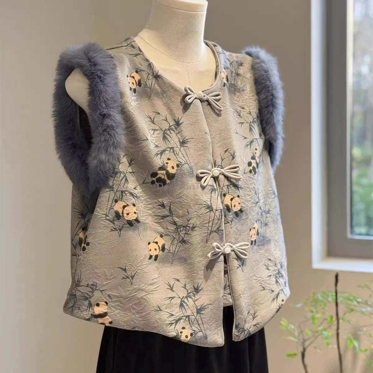 

2025 cute panda bamboo printing retro vest winter warm faux rabbit fur chinese vest fashionable temperament women's singlet
