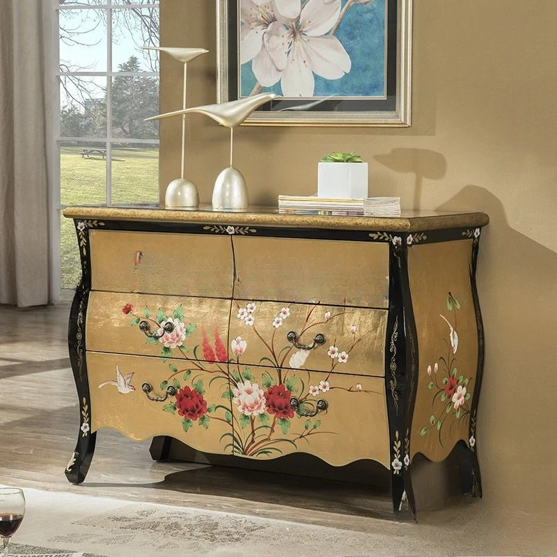 Bucket cabinet painted retro solid wood new Chinese gold foil bright light bedroom drawer storage cabinet living room vertical