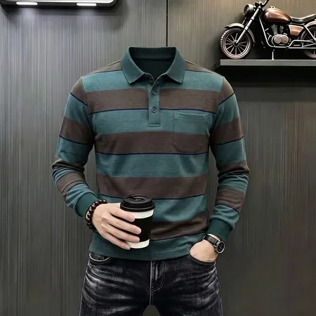Men's Long‑Sleeve Striped Polo Shirt Collared Button Placket With Chest Pocket Regular‑Fit Business Casual Tops
