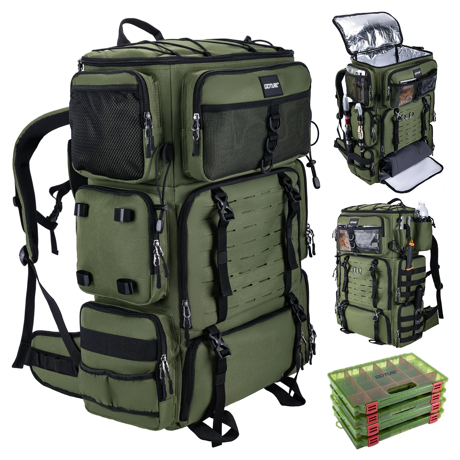 Goture 72L Outdoor Trave Backpacks Large Capacity Fishing Bag with Cool Bag 16L & Dry/Wet Compartment Camping Hunting Hiking bag