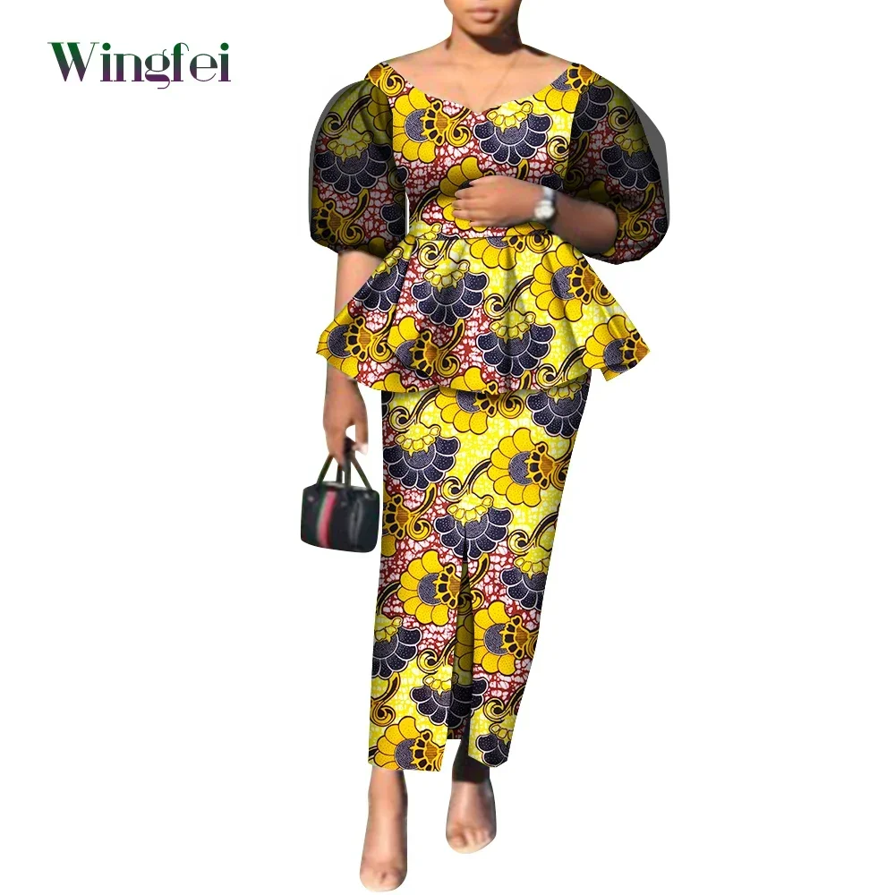 Fashion African Clothes African Print Top and Skirt 2 Piece Sets Dashiki Women Outfit Puff Sleeve African Suits for Women WY9282