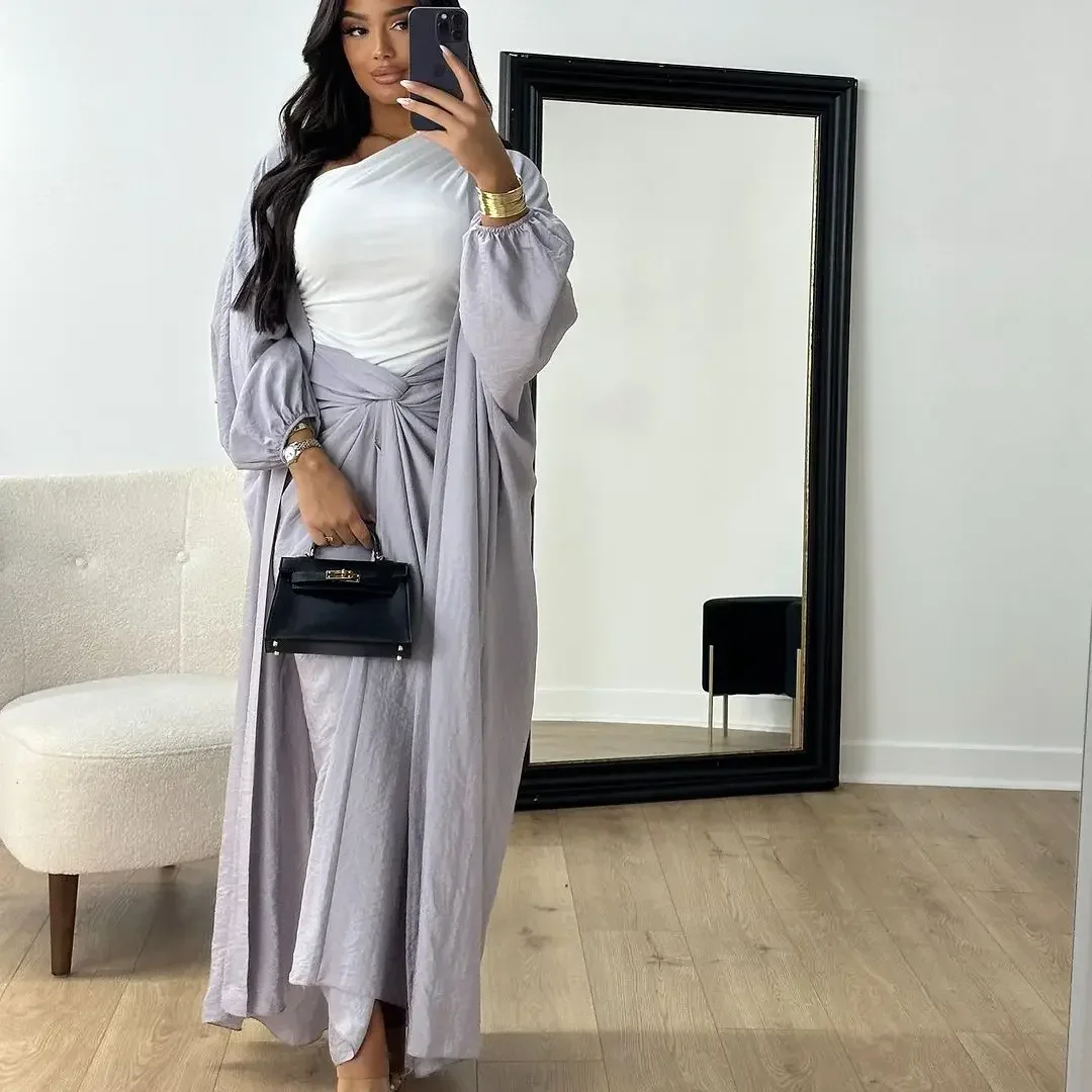 Autumn Winter Fashion Two Piece Set Muslim Women Elegant Solid Long Cardigan Twisted Skirt Two Piece Set Women