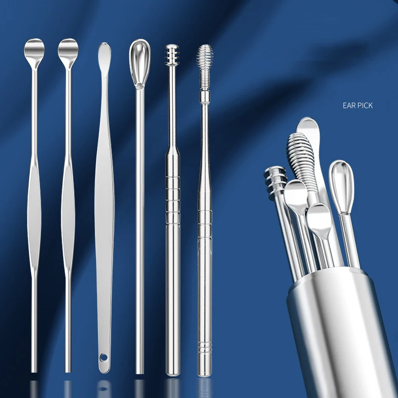 6pcs Stainless Steel Ear Wax Removal Tool Set Spiral Rotating EarPicking Spoon Ear Picker Spoon For Cleaning Collecting Ear Wax