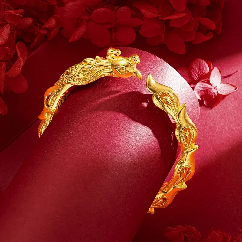 

9999 Real Gold 24K Bridal Wedding Big Phoenix Bracelet Gold Ancient Gold Bridal Wedding Phoenix Opening Bracelet