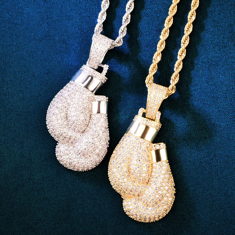 Hip Hop 3A + CZ Taş Kaplamalı Bling Buzlu Out Boks Eldiveni Kolye Kolye Erkekler için Kulübü Rapçi Takı Altın Gümüş Renk