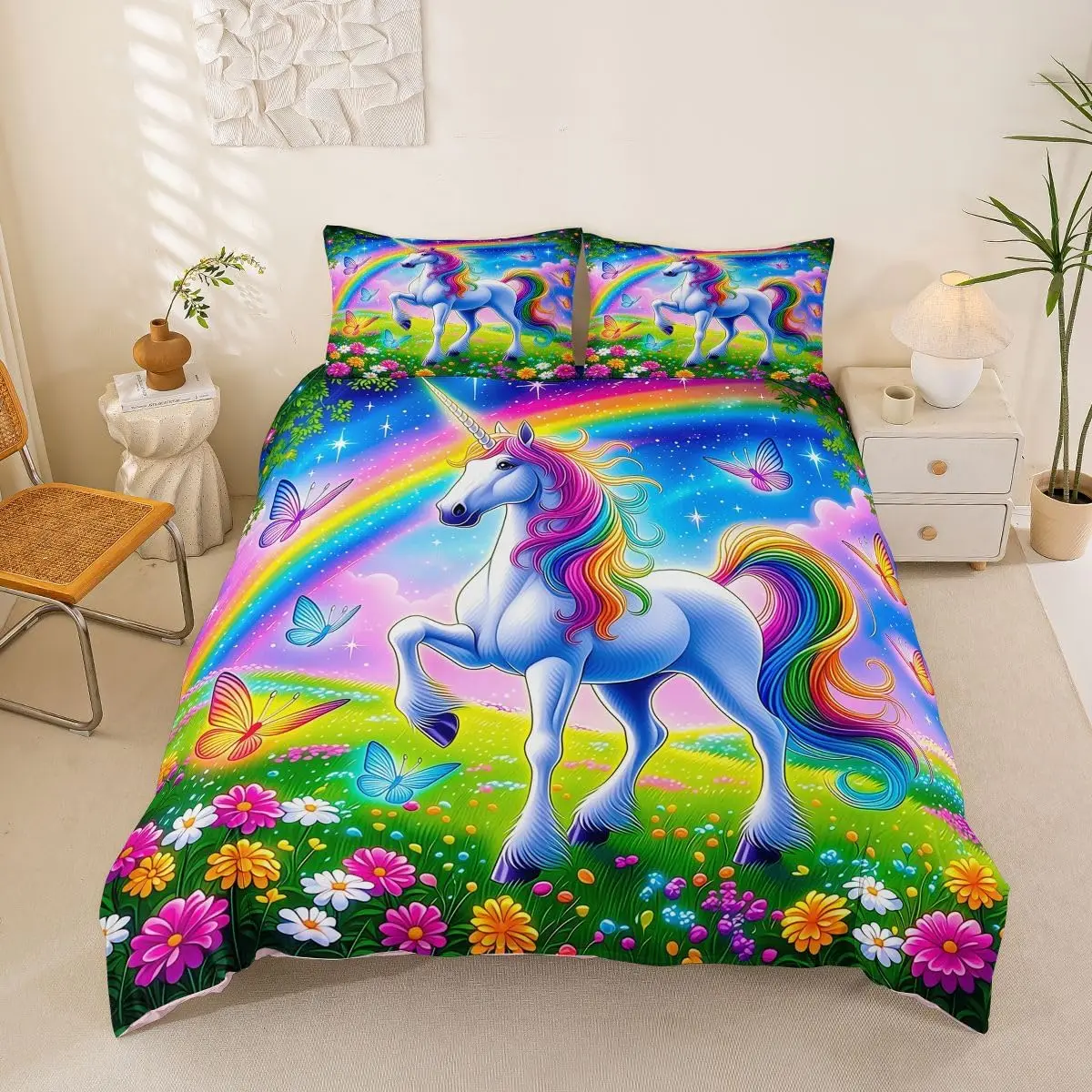 Kawaii Cartoon Unicorn Duvet Cover Rainbow Butterfly Flower Print Twin Queen King Bedding Set Dreamy Girly Princess Quilt Cover